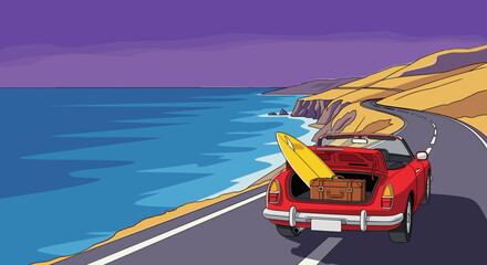 A red convertible with a suitcase and a surfboard drives along a coastal road, for travel agencies, travel blogs
