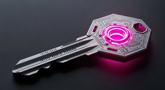 Unlock your digital future with this stunning, futuristic cybernetic key glowing with vibrant pink energy, symbolizing innovation and access to advanced technology
