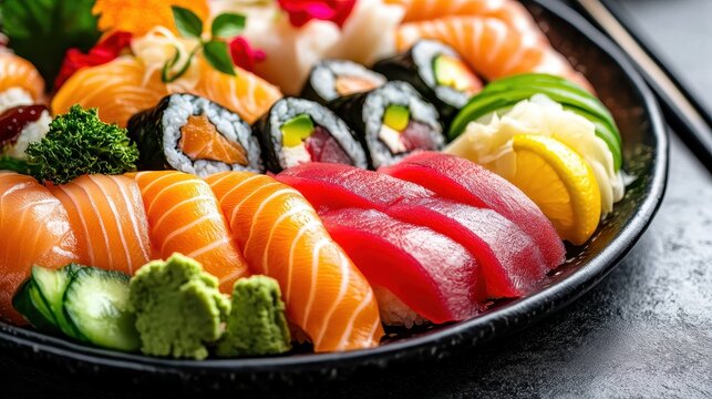 Close up of sushi and sashimi assortment on a serving plate