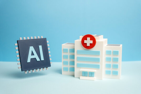 An AI-powered computer chip and a hospital. The application of artificial intelligence in medicine and diagnostics. Health tech, data analysis, and smart hospital systems.