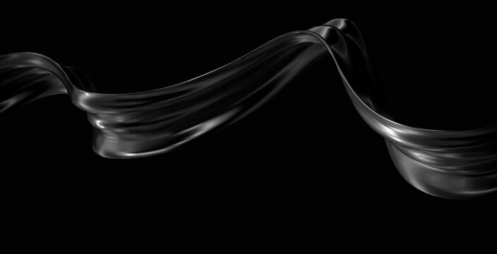 3d chrome liquid abstract ribbon shape on black background. Futuristic gradient element, chrome metal ribbon, hologram wave. Spiral tech bg. Vector illustration