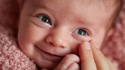 Warm expressions of love and innocence in close-up family portrait. Breaking news. Endearing scene: baby's joyful smile graced by mother's hands. Human touch. Real life.
