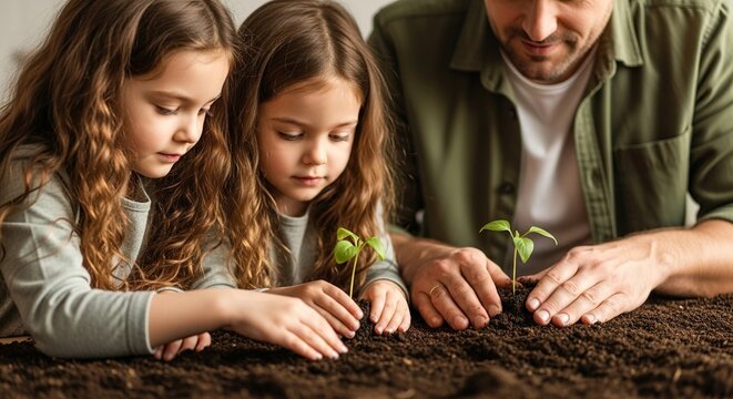 Loving father and daughters planting tiny seedlings together, fostering growth and nature education with gentle care and shared discovery.
