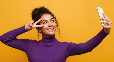 Joyful young woman captures a happy moment with a selfie, flashing a peace sign and smiling brightly against a vibrant yellow backdrop