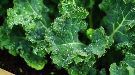 Close up view of green kale leaves with morning dew drops