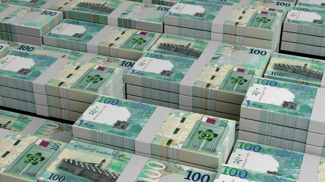 Qatar 100 Riyal Banknote Horizontal 3D Animation ? Realistic Currency Flow, Business, Finance, Banking, Investment, and Economic Growth Visualization in Motion