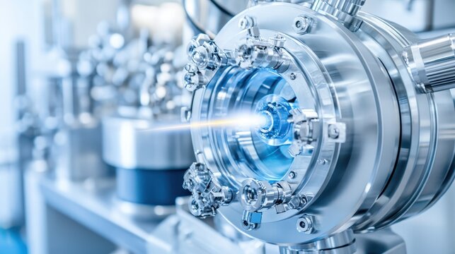 Close up view of a mass spectrometer ionization source emitting light