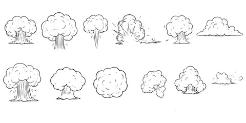 Comic book style smoke cloud explosion impact drawing collection isolated