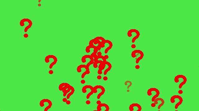 Red question mark floating animation on green screen background, thinking, confused sign symbol chroma key animated background
