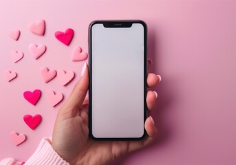 Close-up of a hand holding a smartphone with blank white screen on pink background decorated with small hearts, symbolizing love, communication, and technology.