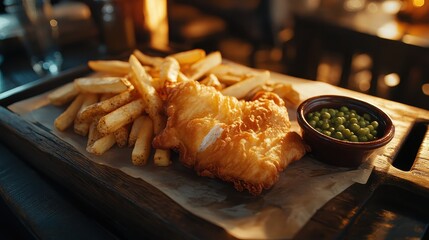 Crispy Fish and Chips served on a wooden tray with mushy peas