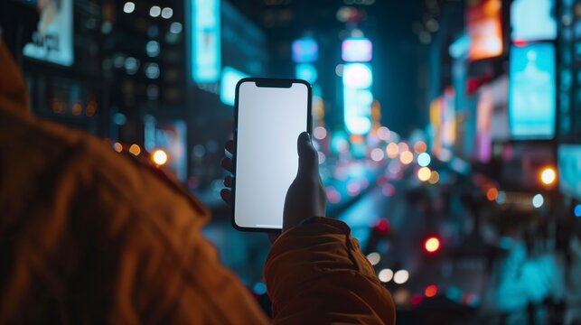 Man holding smartphone with bright blank screen while standing among skyscrapers and glowing bokeh lights of city evening.