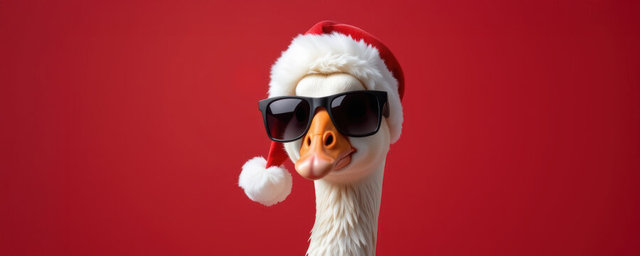 Christmas animals invitation with cool goose wearing sunglasses and Santa hat on red background