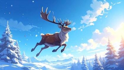 Digital painting of a leaping reindeer amidst a snowy, coniferous landscape bathed in bright sunlight under a blue sky