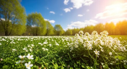Vibrant spring meadow bursts with delicate white wildflowers under a radiant sunlit sky, evoking feelings of renewal and natural beauty © Gennyson Marinho