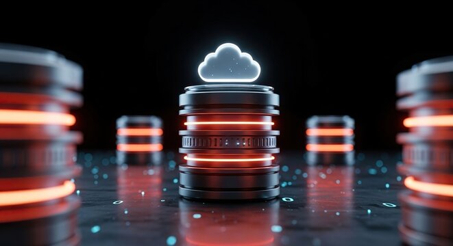 Dynamic data servers glow with futuristic neon lights, symbolizing secure cloud storage and advanced technology infrastructure.