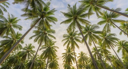 Looking up through a dense canopy of tall palm trees on a sunny day
