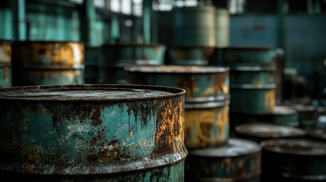 Corroded metal barrels sitting in an abandoned industrial area
