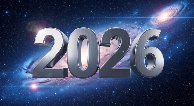 3d metallic numbers forming the year 2026 against a cosmic nebula and galaxy background isolated on white background