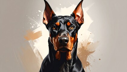 Digital painting of a sleek black and tan Doberman Pinscher with erect ears, set against a light, textured background