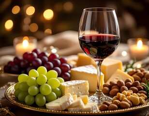 Glass of Red Wine with Cheese Platter, Grapes, and Nuts in Romantic Candlelight.Luxury food concept.