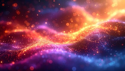 Ethereal waves of orange, blue, and purple light mingle, speckled with radiant bokeh, creating a dreamy, abstract scene
