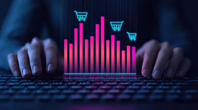 A person interacts with a keyboard while analyzing a colorful digital graph depicting e-commerce data and shopping trends.