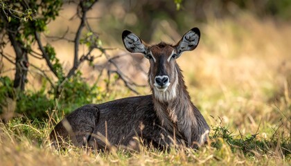 Waterbuck resting peacefully in the African savanna, looking directly at the camera.