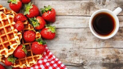 Delicious breakfast waffles with fresh strawberries on a rustic table