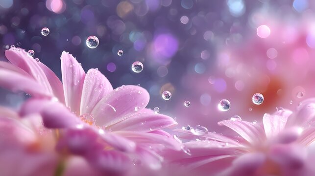 Stunning pink daisy blossoms with water droplets sparkling in magical light