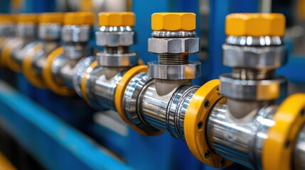 Obraz premium A close-up view of shiny metallic pipes and valves, showcasing industrial plumbing components with yellow accents.