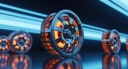 Futuristic car wheel with glowing orange interior and sleek chrome rim against a neon blue tunnel background, showcasing automotive innovation and speed.