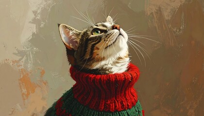 Digital painting of a tabby cat wearing a red and green knit sweater, gazing upwards against a textured background
