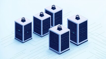 Fototapeta premium A digital illustration of server racks arranged in a modern layout, showcasing technology and data security.