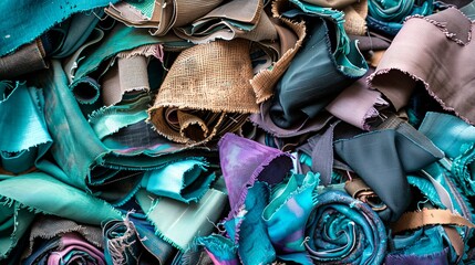Tightly rolled fabrics mixed with textile scraps in earthy colors, illustrating fabric reuse, recycling, and sustainable production methods.