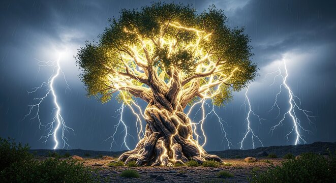 Majestic ancient tree ignites with golden lightning during a dramatic storm, symbolizing raw power and natural energy