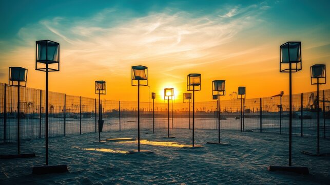 Deployable fence sections in winter sunset scene outdoors