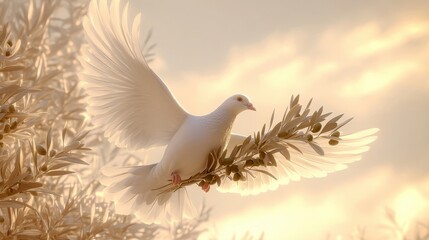 Obraz premium Dove in flight carrying an olive branch against a soft sky