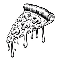Hand drawn slice of mushroom pizza with dripping cheese