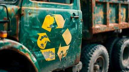 An aging recycling truck with a fading yellow recycle mark represents environmental responsibility and the challenge of urban waste management.