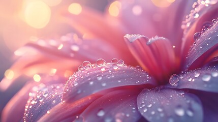 Fototapeta premium Stunning dahlia blossom glistening with dewdrops in soft morning light background