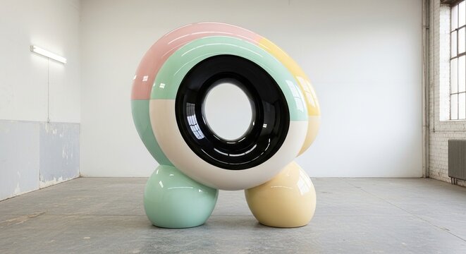 Captivating abstract sculpture with vibrant pastel colors and a striking black circular void, perfect for modern art galleries and creative spaces. - Powered by Adobe