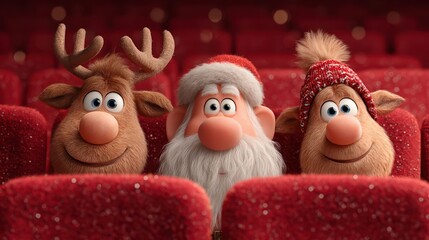 Santa Claus with Reindeer and Elf Sitting in Cinema Watching Christmas Movie