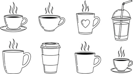 Hand drawn coffee cup icons set with hot and cold drinks, black and white doodle style vector for café and beverage design
