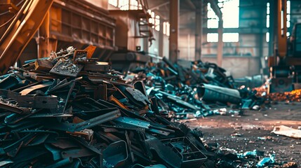Large heaps of scrap metal and machinery parts inside a factory warehouse, illustrating industrial recycling, waste processing, and metal recovery.
