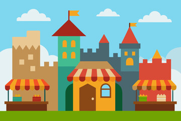 Fototapeta premium Cartoon market stalls inside a castle town vector illustration