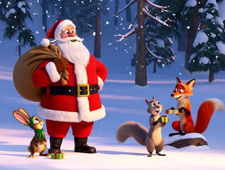 Forest animals celebrate Christmas with Santa Claus, exchanging gifts and dancing together under the snow near a bright Christmas tree.