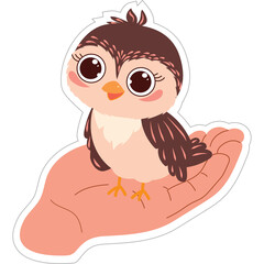 Cute baby bird with big eyes sits on a human hand with a transparent background a symbol of gentleness and care