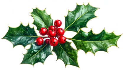 Watercolor image of holly with glossy green leaves and vibrant red berries