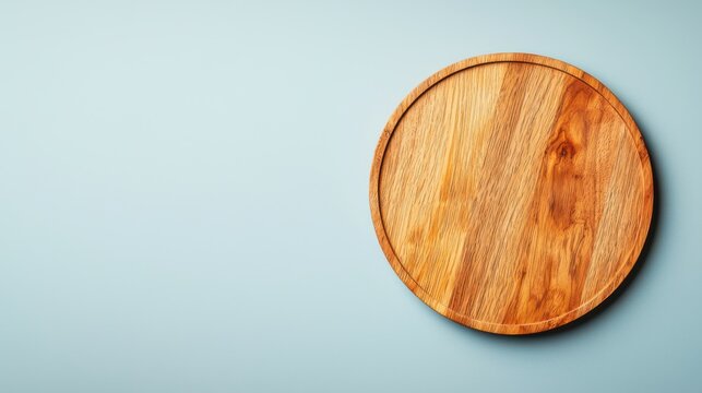 A round wooden cutting board sits on a light blue surface, showcasing its natural wood grain and smooth edges.